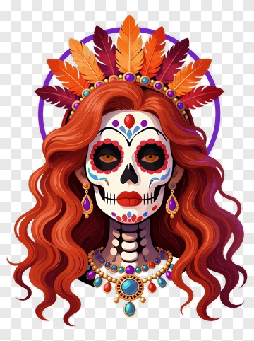 Sugar Skull Woman With Feather Crown PNG