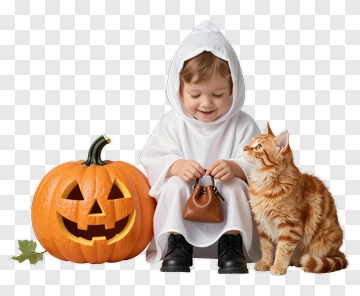 Child In Halloween Costume With Cat And Pumpkin PNG