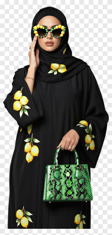 Woman In Lemon Print Abaya PNG