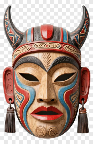 Tribal Wooden Mask With Horns And Tassels PNG