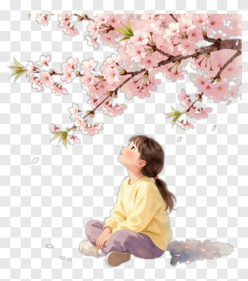 Child Looking Up At Cherry Blossoms PNG
