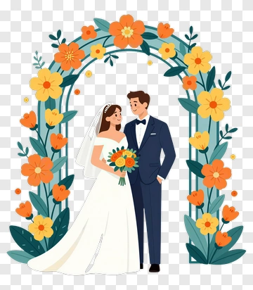 Bride And Groom Under Floral Arch PNG