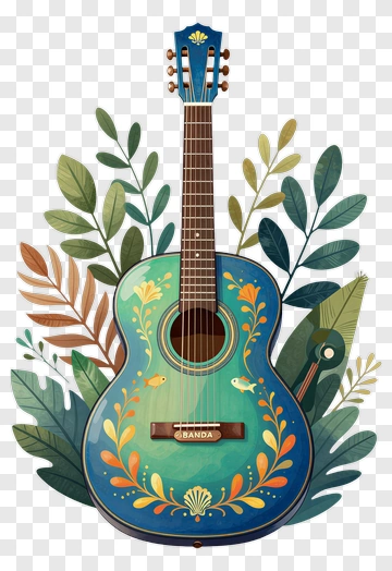 Colorful Guitar With Floral Design PNG