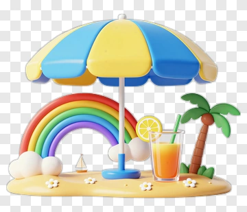 Colorful Beach Scene With Umbrella And Rainbow PNG