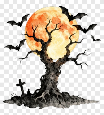 Tree With Moon And Bats PNG