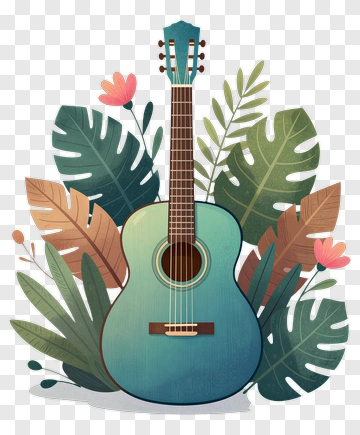 Acoustic Guitar Surrounded By Tropical Plants PNG
