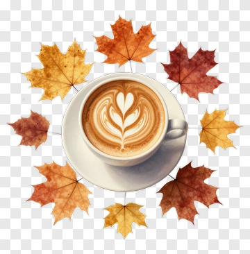 Coffee Cup With Latte Art Surrounded By Maple Leaves PNG