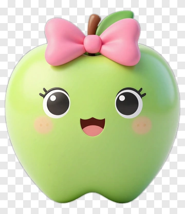 Cute Green Apple Character With Pink Bow PNG