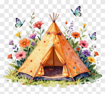 Orange Tipi Tent Among Flowers PNG