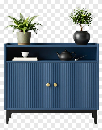 Blue Cabinet With Plants And Teapot PNG