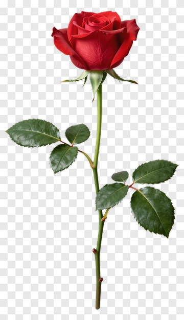 Red Rose With Green Stem And Leaves PNG