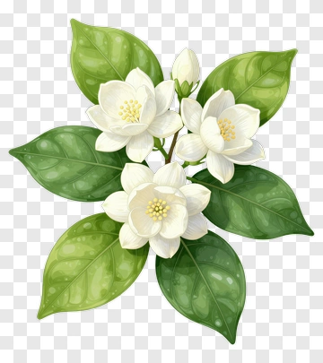 White Jasmine Blossom With Green Leaves PNG