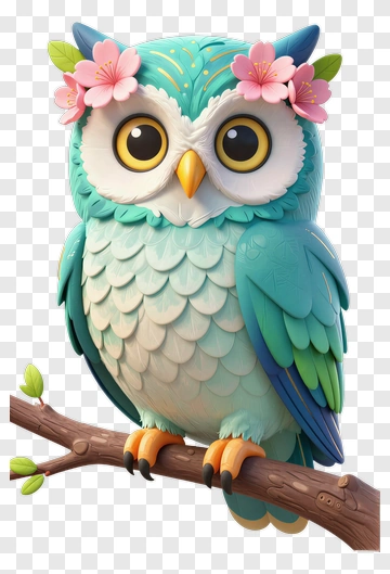 Cute Blue Owl With Pink Flowers PNG