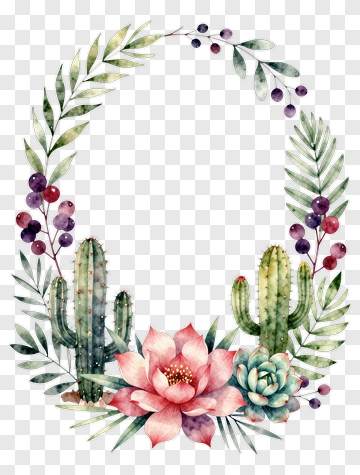 Watercolor Floral Wreath With Cactus And Berries PNG