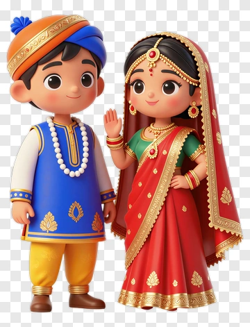 Cute Cartoon Boy And Girl In Traditional Attire PNG