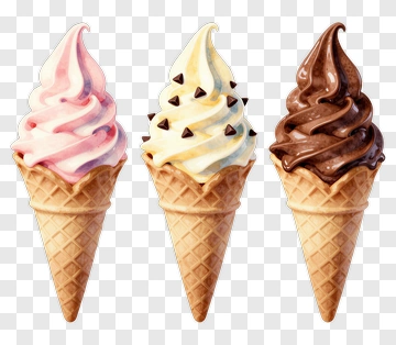 Three Flavored Ice Creams In Waffle Cones PNG