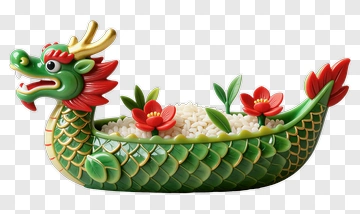 Green Dragon Boat With Rice And Flowers PNG