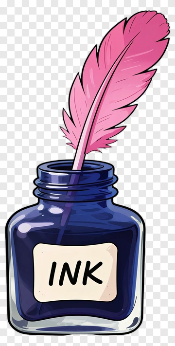 Blue Ink Bottle With Pink Quill Pen PNG