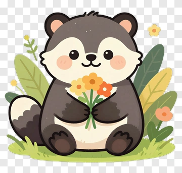 Cute Raccoon Holding Flowers PNG