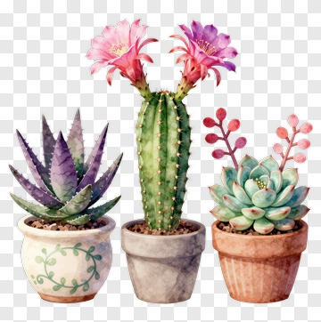 Three Potted Plants With Blooms PNG
