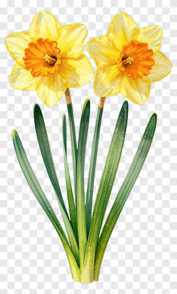 Yellow Daffodil With Green Leaves PNG