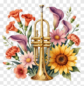 Golden Trumpet Surrounded By Vibrant Flowers PNG