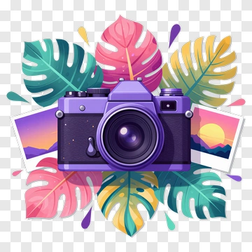 Purple Camera Surrounded By Tropical Leaves PNG