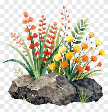 Watercolor Floral Arrangement On Rock PNG