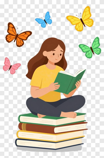 Girl Reading Book With Butterflies PNG
