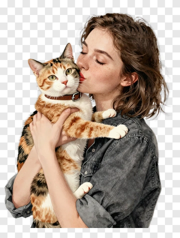 Woman Kissing Calico Cat PNG