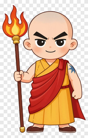 Cartoon Monk Holding Flame Staff PNG