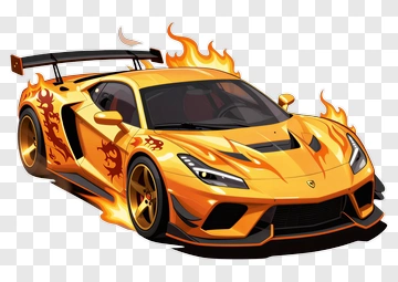 Orange Sports Car With Fire And Dragon Design PNG