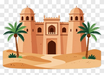 Ancient Desert Castle With Palm Trees PNG