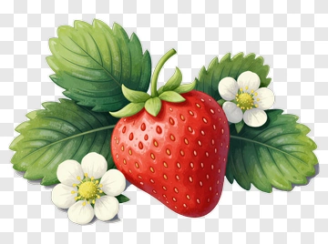 Strawberry With Leaves And Flowers PNG