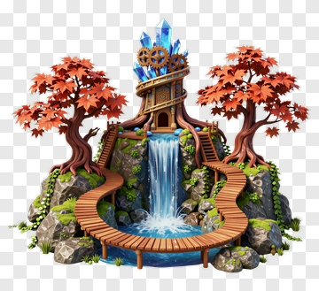 Fantasy Castle With Waterfall And Trees PNG