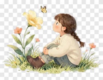 Child Watching Butterfly Near Flower PNG
