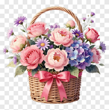 Floral Arrangement In Wicker Basket PNG