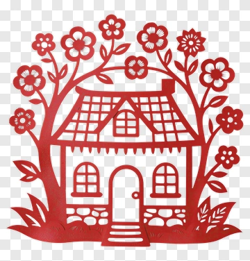 Red Paper Cutout House With Flowers PNG