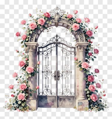 Garden Gate With Pink Roses PNG