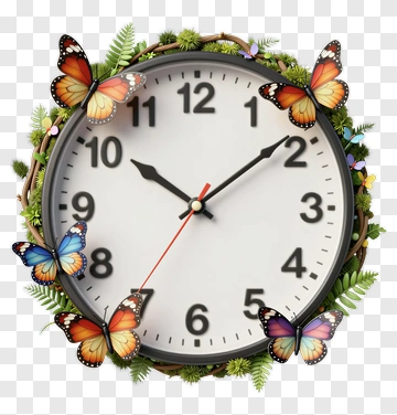 Clock With Butterflies And Greenery PNG