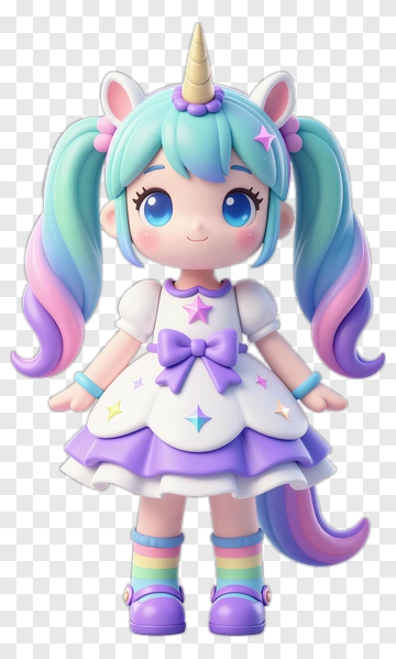 Cute Unicorn Doll In Rainbow Dress PNG