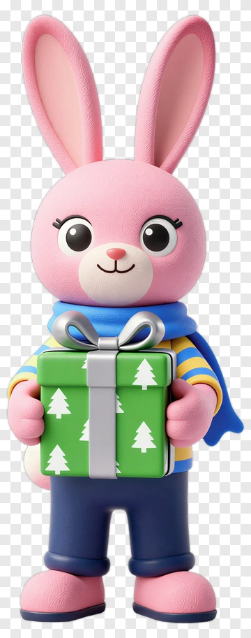 Pink Rabbit Holding Christmas Gift PNG