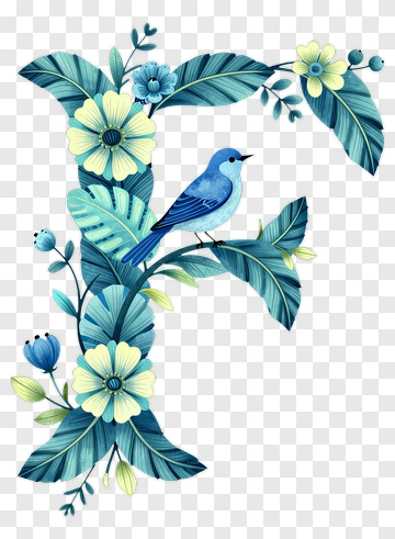 Blue Bird Perched On Floral Letter F PNG