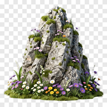 Rock With Flowers And Grass PNG