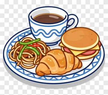 Cartoon Breakfast Plate With Coffee Sandwich And Croissant PNG