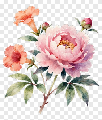 Pink Peony And Orange Blossoms PNG