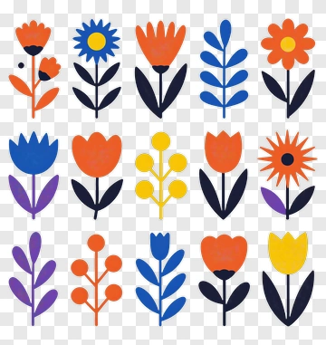 Colorful Flat Flowers And Leaves Design PNG