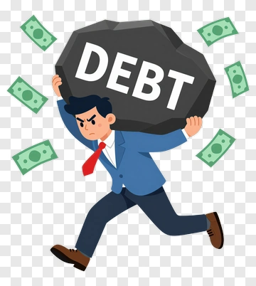 Man Carrying Debt Stone Amid Falling Money PNG