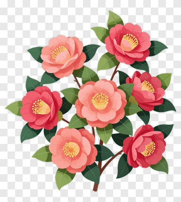 Pink Camellia Blossoms With Green Leaves PNG