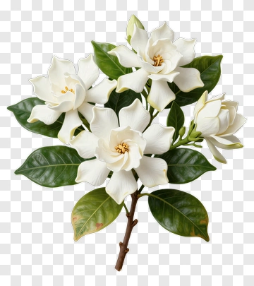 White Gardenia Blossoms With Green Leaves PNG